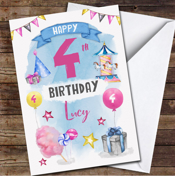 4th Girl Female Fun Fair Party Candy Pink Sweets Any Age Birthday Card