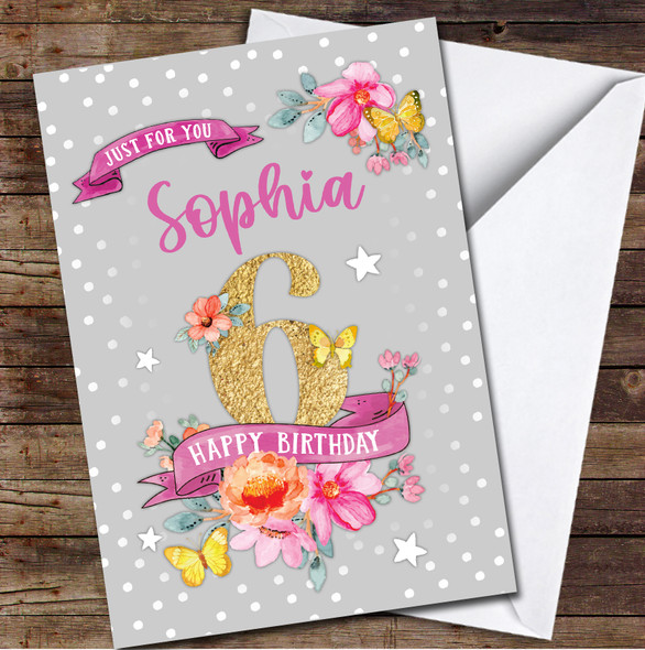6th Girl Female Flowers Butterfly Grey Pink Any Age Personalised Birthday Card