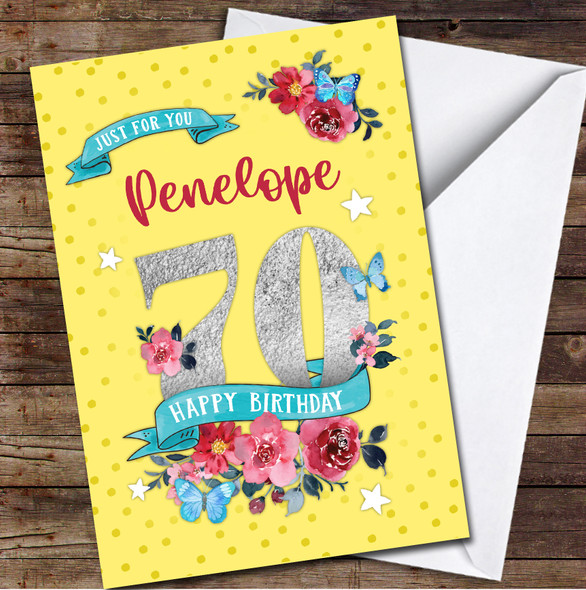 70th Female Flowers Butterfly Yellow Any Age Personalised Birthday Card