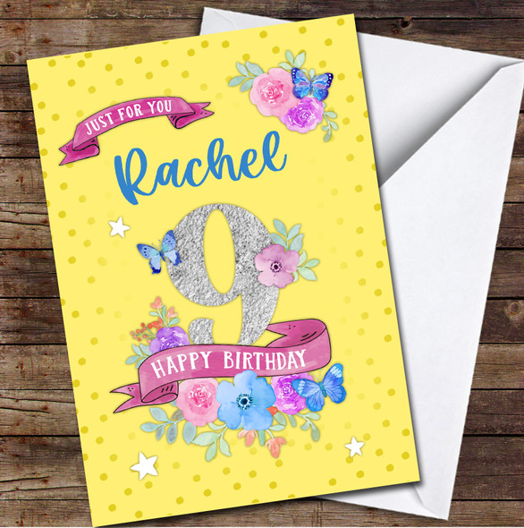 9th Girl Female Flowers Butterfly Yellow Any Age Personalised Birthday Card