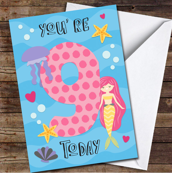 9th You're 9 Today Girl Mermaid 9th Any Age Personalised Birthday Card