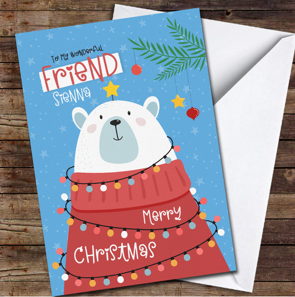 Friend Bear With Fairy Lights Any Text Personalised Christmas Card