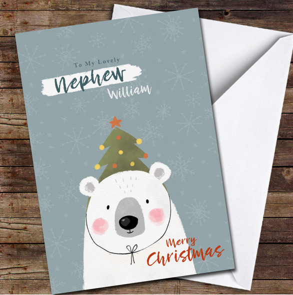 Nephew Bear With Tree Hat Any Text Personalised Christmas Card
