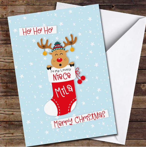 Niece Reindeer In A Sock Any Text Personalised Christmas Card