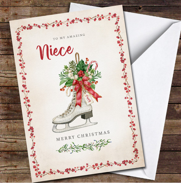 Niece Watercolour Floral Ice Skates Any Text Personalised Christmas Card