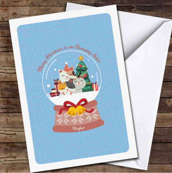 Sister Cute Cat In The Snow Globe Any Text Personalised Christmas Card