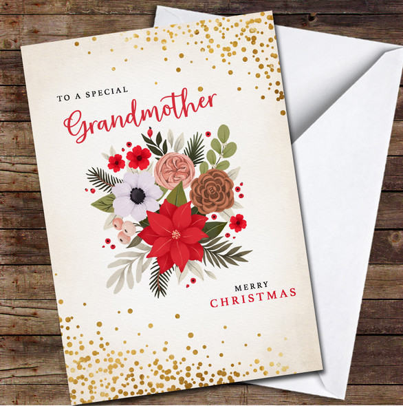 Grandmother Flowers Gold Dots Any Text Personalised Christmas Card