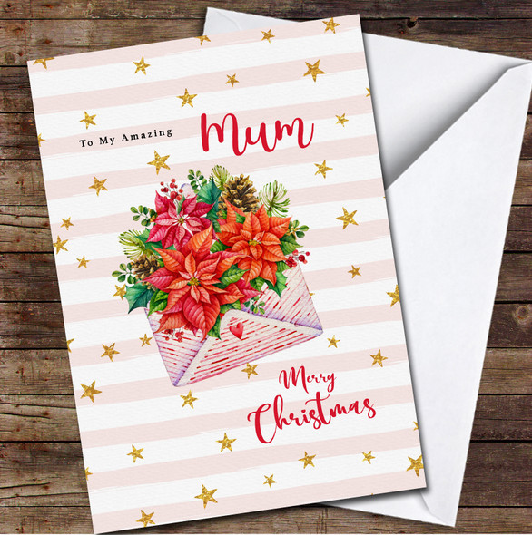 Mum Watercolour Envelope With Poinsettia Any Text Personalised Christmas Card