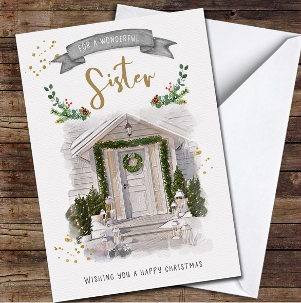 Sister Front Door Porch Winter Scene Any Text Personalised Christmas Card