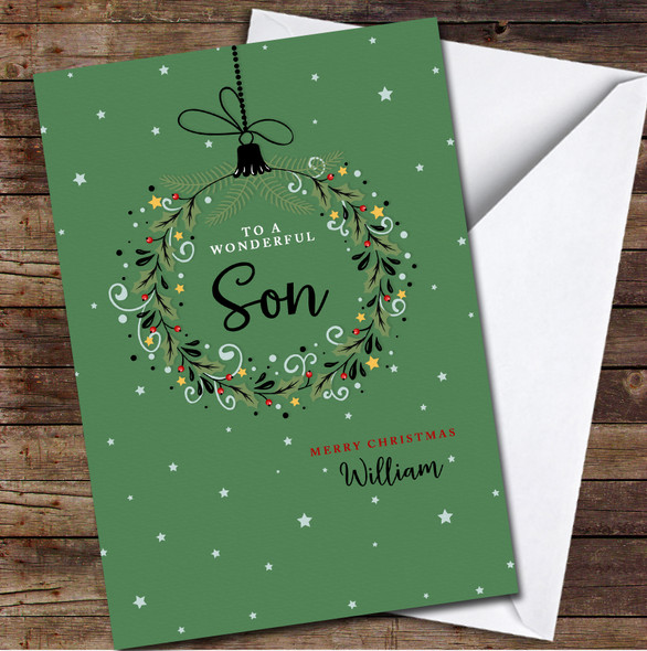 Son Wreath Green Background Any Text Personalised Christmas Card