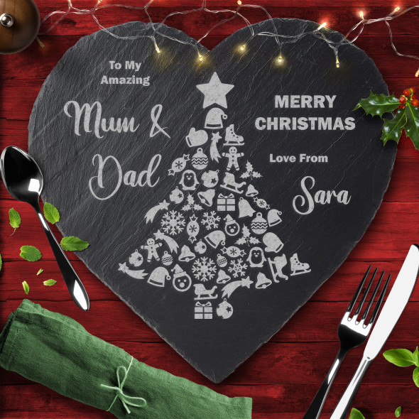 Ornament Tree Any Name Or Text Heart Personalised Christmas Slate Placemat