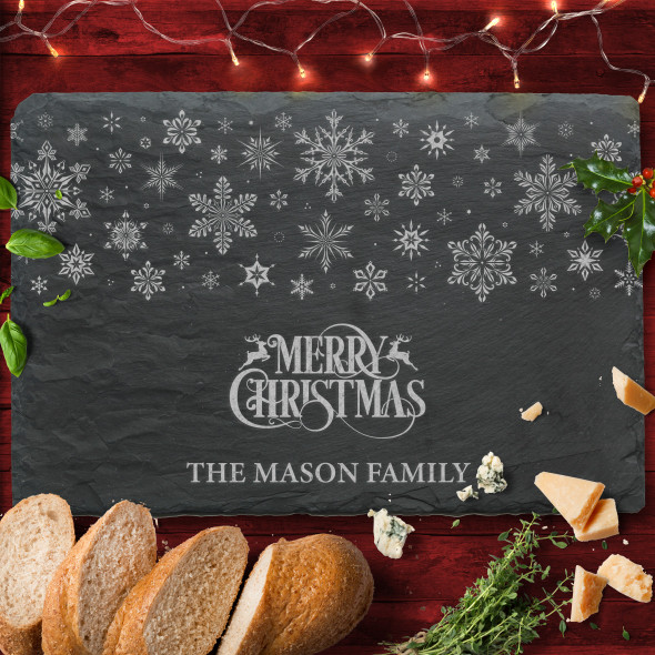 Snowflakes Rectangle Any Text Personalised Engraved Christmas Slate Cheese Board