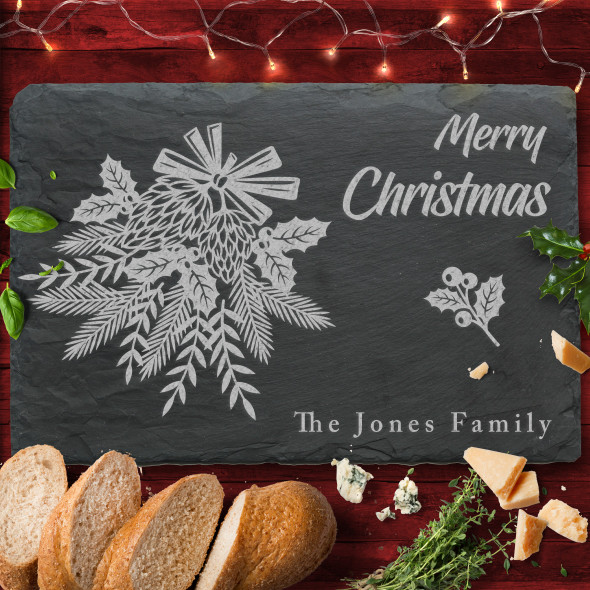 Winter Plants Rectangle Any Text Personalised Christmas Slate Cheese Board