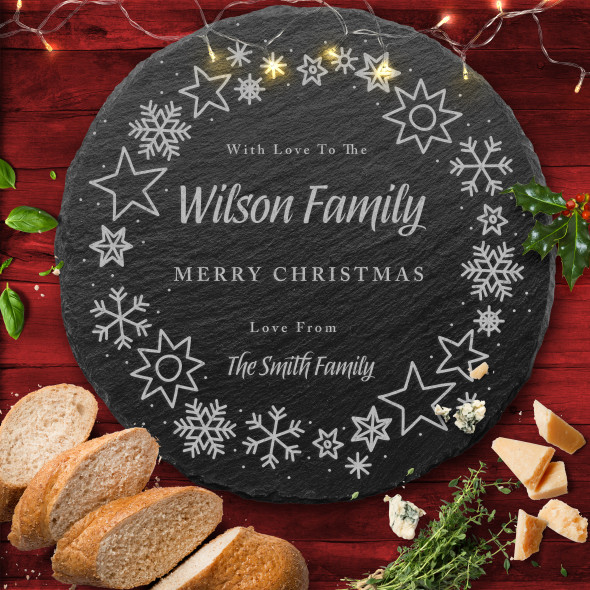 Snowflake Any Text Round Personalised Engraved Christmas Slate Cheese Board