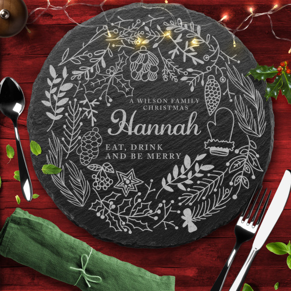 Winter Wreath Any Text Round Personalised Engraved Christmas Slate Placemat