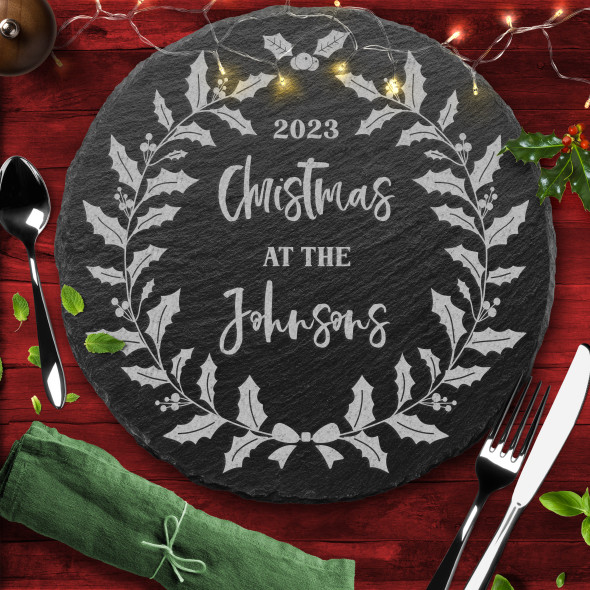 Wreath Any Names Or Text Round Personalised Engraved Christmas Slate Placemat