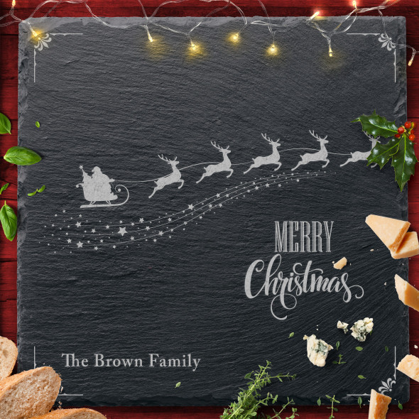 Santa Sleigh Any Text Square Personalised Engraved Christmas Slate Cheese Board