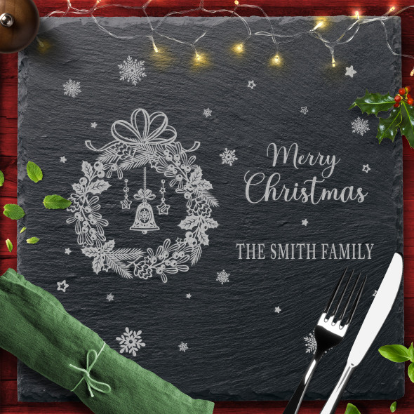 Wreath Snowflakes Square Any Text Personalised Engraved Christmas Slate Placemat