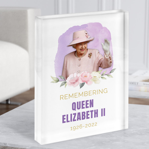 Queen Elizabeth II Memorial Flowers Pink Gold Souvenir Acrylic Block