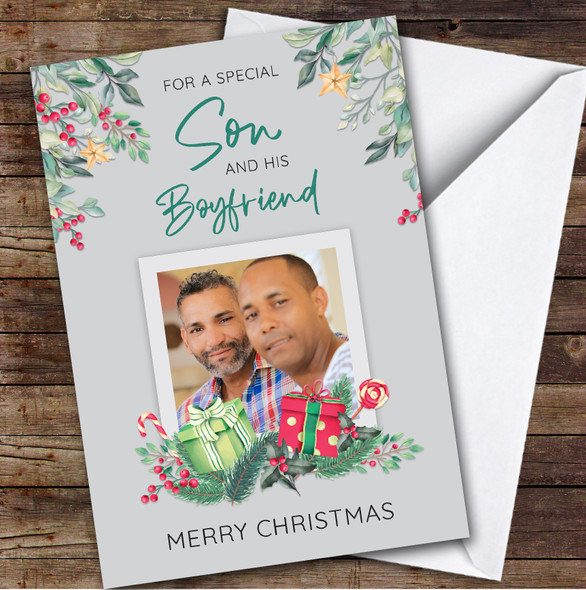 Special Son And His Boyfriend Gifts Holly Photo Personalised Christmas Card