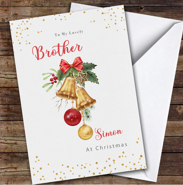 Brother Christmas Bells Holly With Bows Gold Glitter Personalised Christmas Card
