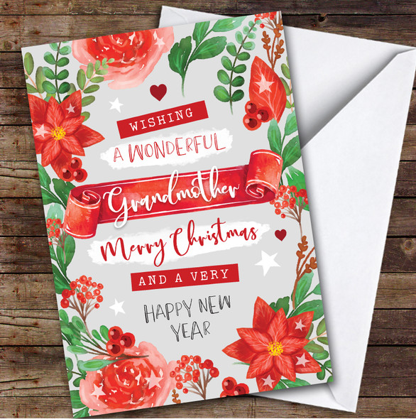 Grandmother Christmas Red Flowers Banner Floral Grey Personalised Christmas Card