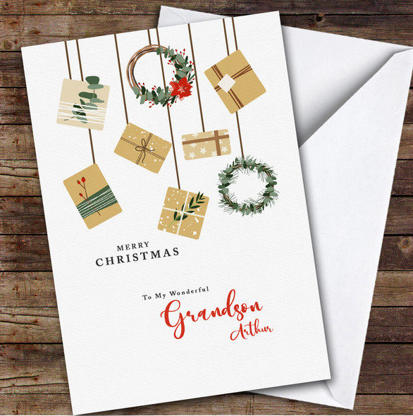 Grandson Christmas Hanging Presents In Brown Paper Personalised Christmas Card