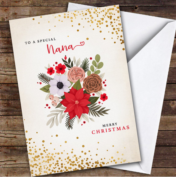 Special Nana Merry Christmas Flowers Gold Dots Personalised Christmas Card