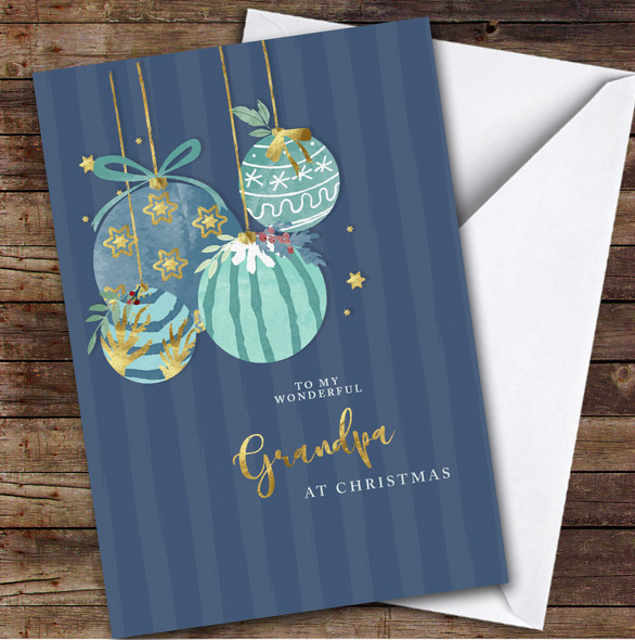 Grandpa Christmas Blue And Gold Balls Sparkle Personalised Christmas Card