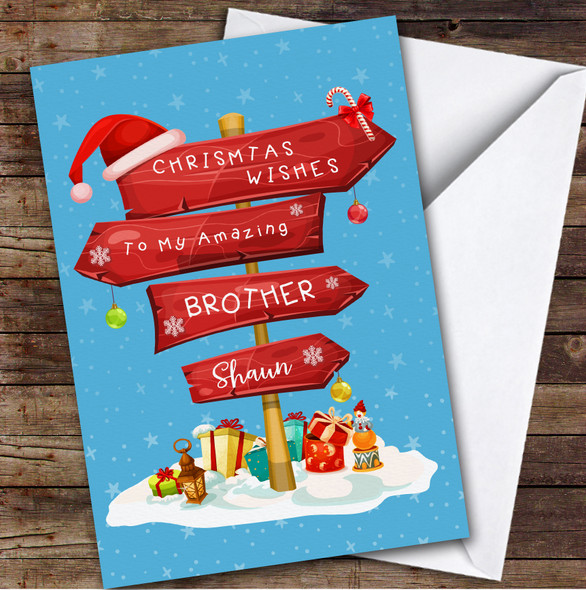 Amazing Brother Wood Road Signs Arrows Gifts Personalised Christmas Card