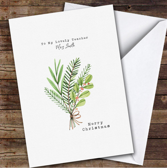 Teacher Simplicity Watercolour Holly Bouquet Personalised Christmas Card