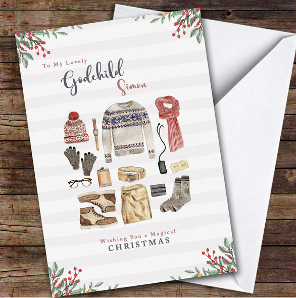 Lovely Godchild Magical Men Outfit Elements Personalised Christmas Card