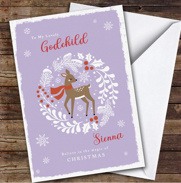 Lovely Godchild Magical Cute Deer In Wreath Purple Personalised Christmas Card