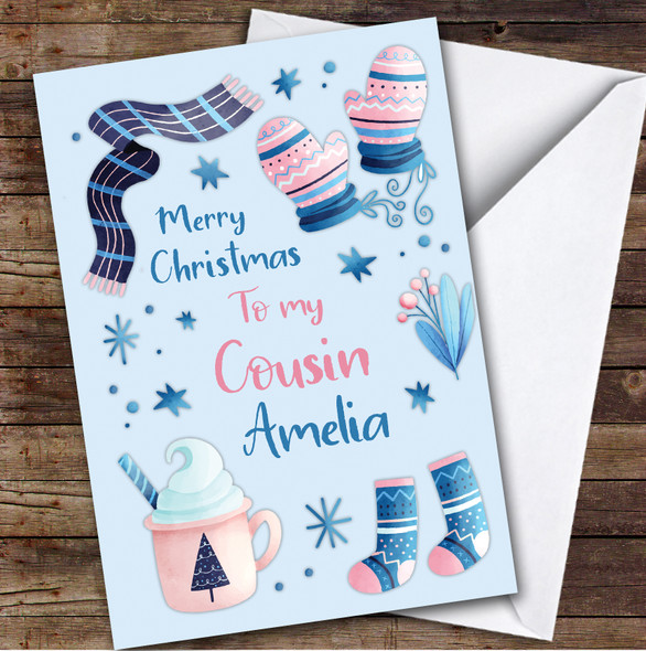 Cousin Pink Blue Girly Cosy Winter Socks Gloves Personalised Christmas Card