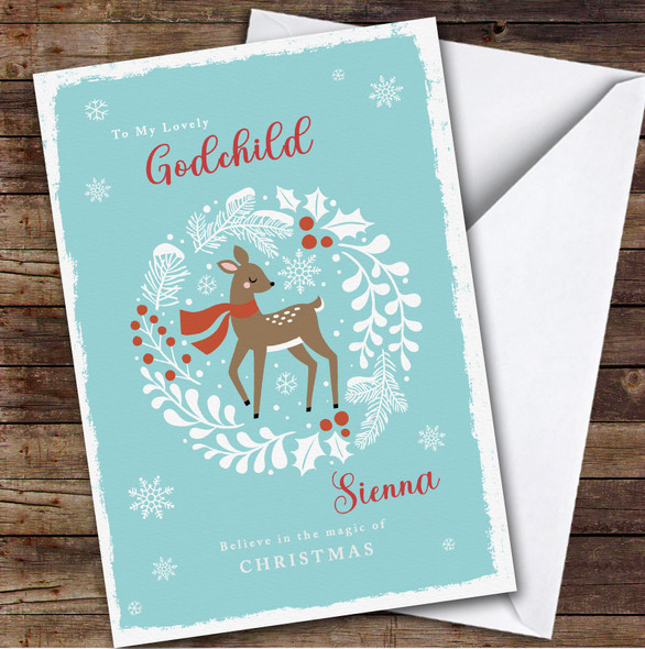 Lovely Godchild Magical Cute Deer In Wreath Personalised Christmas Card