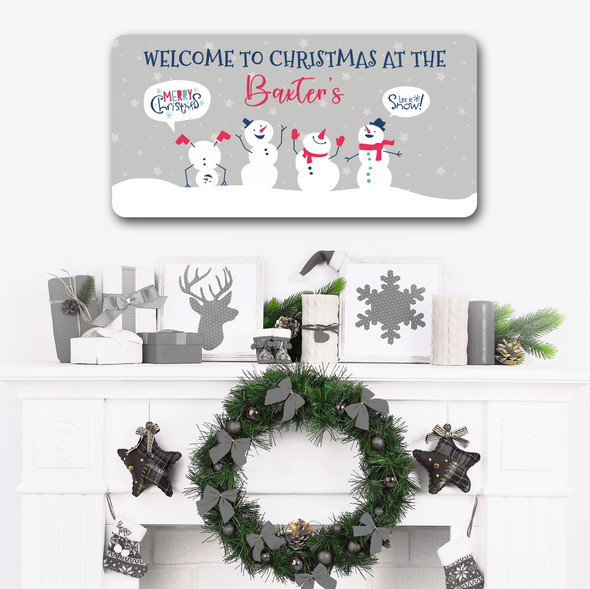 Grey Welcome To Christmas At Snowman Family Name Home Personalised Sign