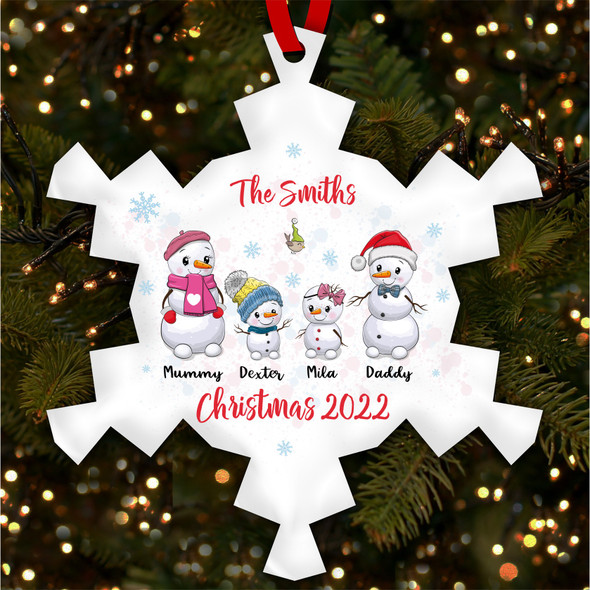Snowman Family Of 4 Snowflake Personalised Christmas Tree Ornament Decoration