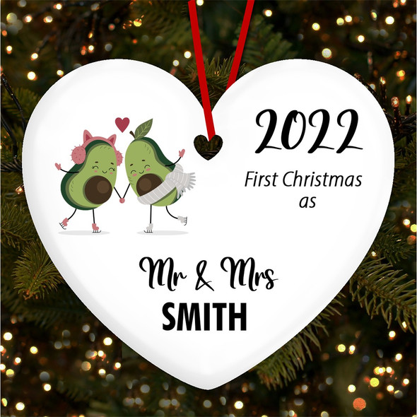 First As Mr & Mrs Avocado Heart Personalised Christmas Tree Ornament Decoration