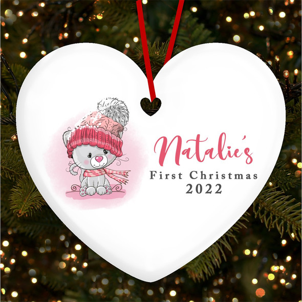 Pink Kitten Baby's 1st Heart Personalised Christmas Tree Ornament Decoration