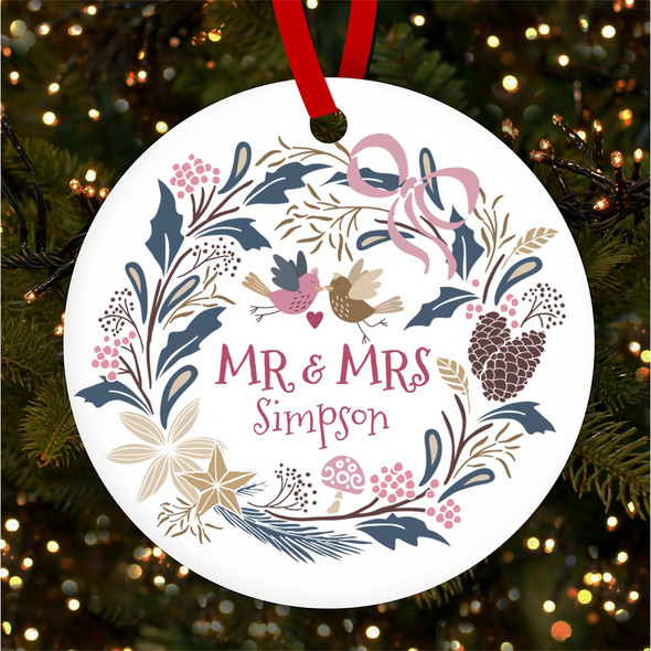 Mr & Mrs Pink Navy Wreath Round Personalised Christmas Tree Ornament Decoration