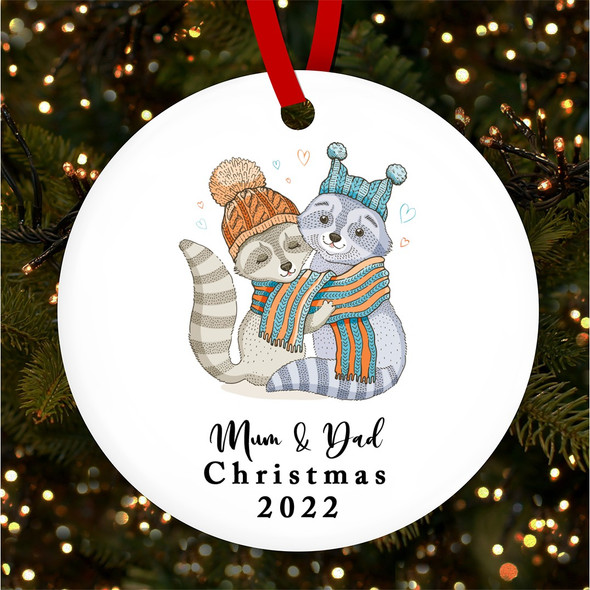 Mum Dad Raccoon Couple Round Personalised Christmas Tree Ornament Decoration