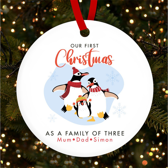 Our First As Family Of 3 Penguin Personalised Christmas Tree Ornament Decoration