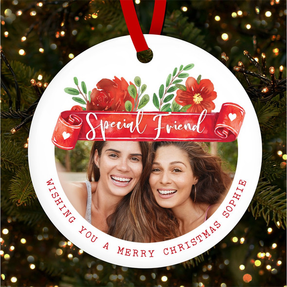 Special Friend Flowers Photo Personalised Christmas Tree Ornament Decoration