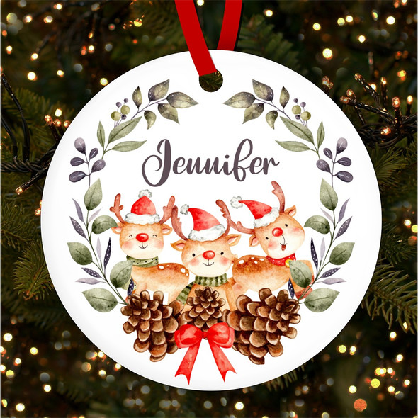 Watercolour Wreath Reindeers Personalised Christmas Tree Ornament Decoration