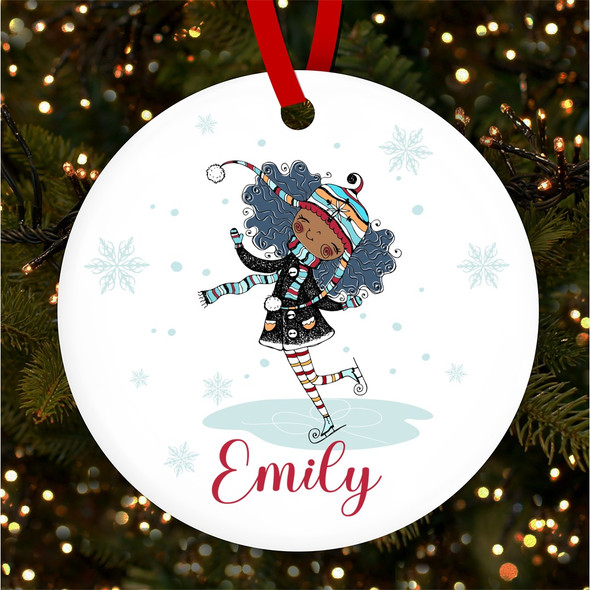 Winter Girl Ice Skating Round Personalised Christmas Tree Ornament Decoration