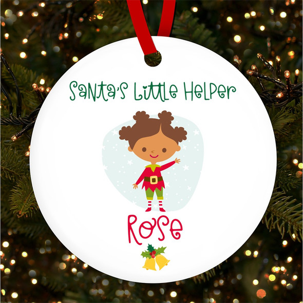 Dark Hair Girl Elf Helper Personalised Christmas Tree Ornament Decoration