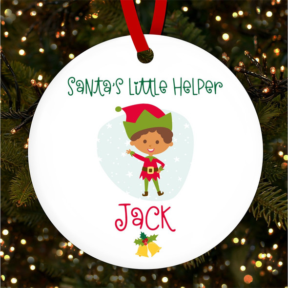 Dark Skin Festive Elf Round Personalised Christmas Tree Ornament Decoration