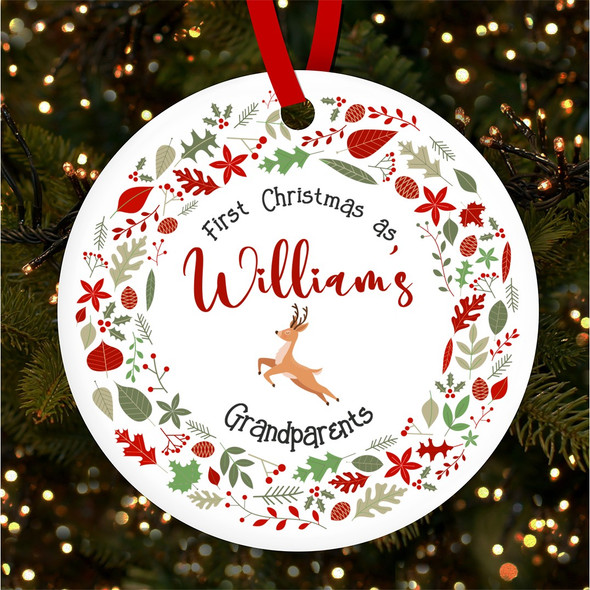 Family First Wreath Reindeer Personalised Christmas Tree Ornament Decoration