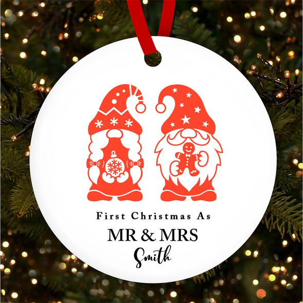 First As Mr & Mrs Cute Gnomes Personalised Christmas Tree Ornament Decoration