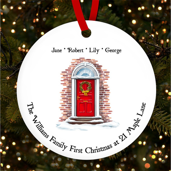 First At New Home Red Door Round Personalised Christmas Tree Ornament Decoration